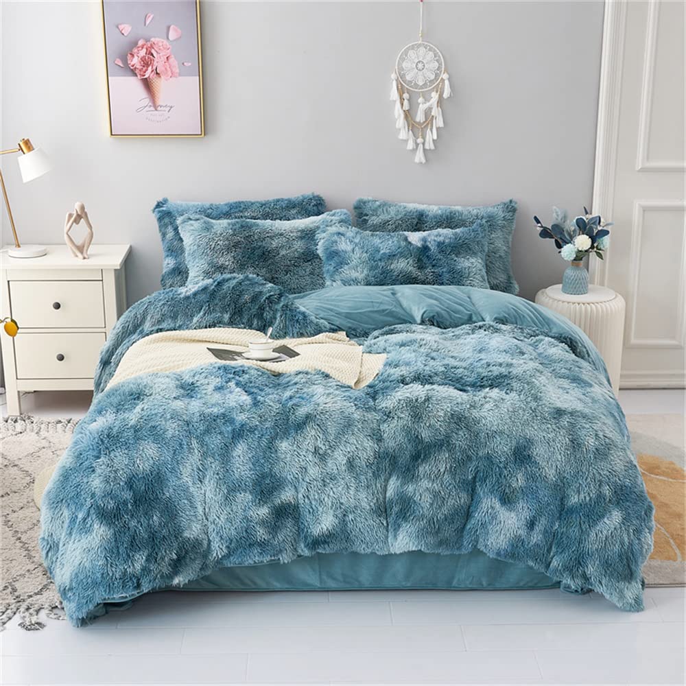 Chovy Faux Fur Tie-Dyed Blue White Colorful Comforter Sets King - 3Pc Bed Set Ultra Soft Plush Flannel Velvet Fluffy Fuzzy Beddi